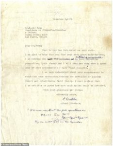 This photo provided by Winner's Auction House shows a letter of Albert Einstein to Professor David Bohm from 1954. The letter is a part of the collection of unpublished letters written by Albert Einstein are set to go to auction next week, providing a new glimpse into the Nobel winning physicist's views on God, McCarthyism and what was then the newly established state of Israel. (Winner's Auction House via AP)